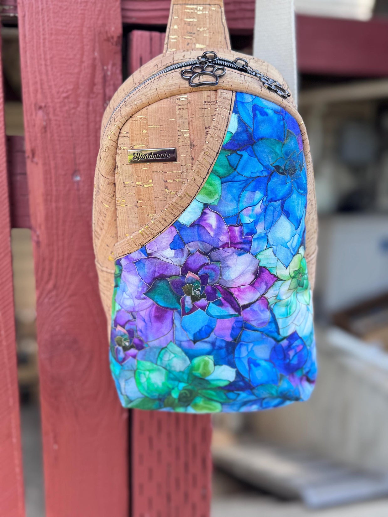 Rosie Sling Bag - Cork Fabric with Floral Pocket