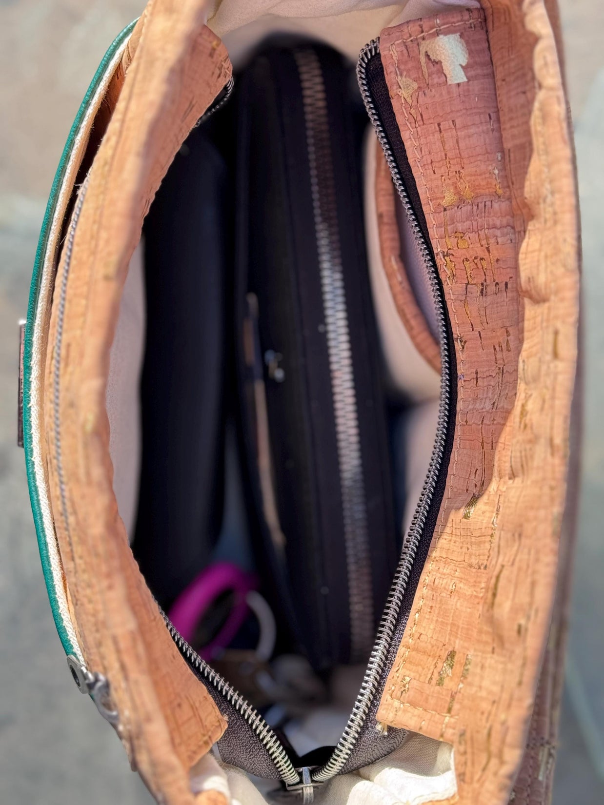 Gaia Crossbody Purse, in Cork Fabric with Green Faux Leather