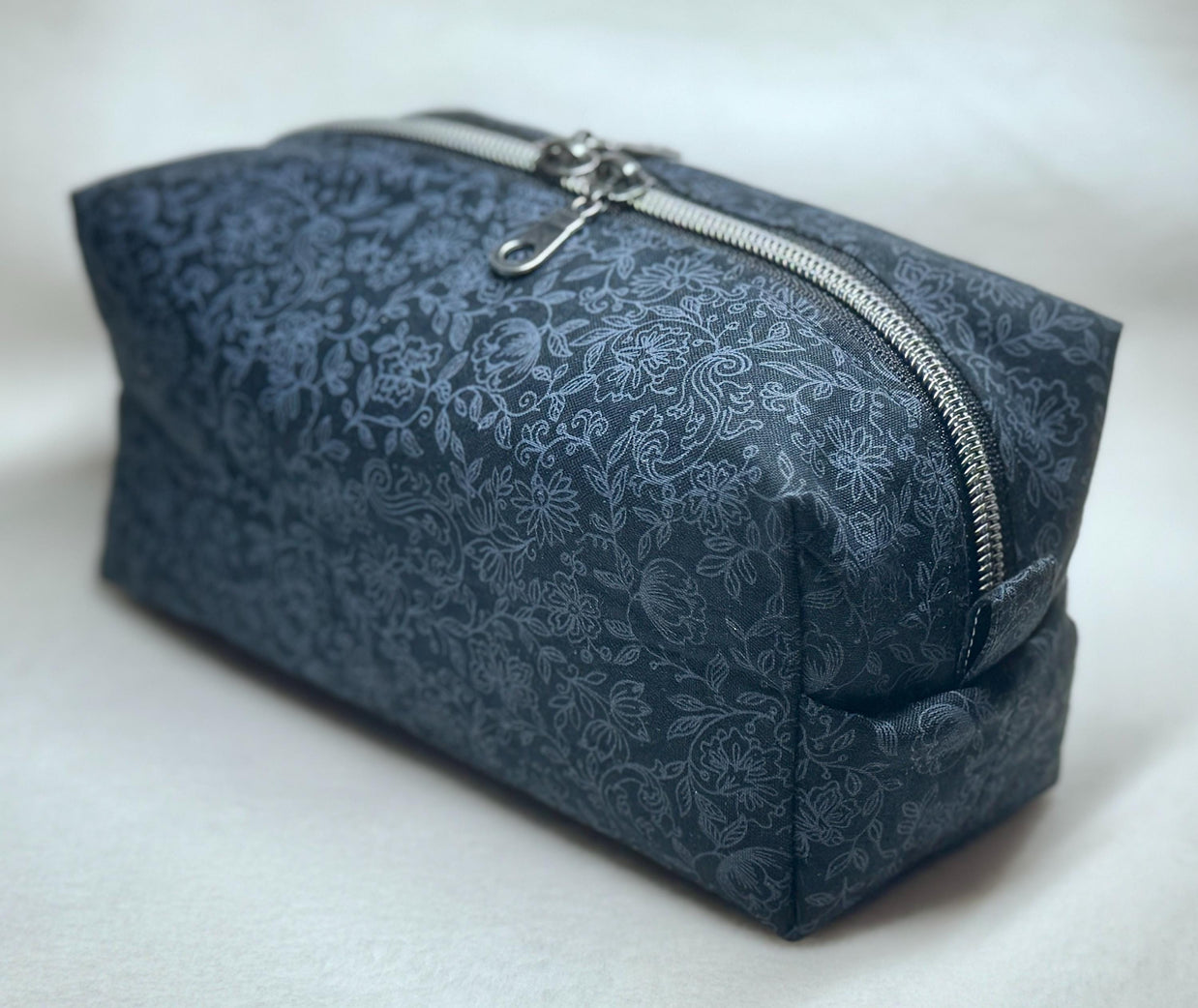 Black Floral Cosmetic Bag: Handmade Quilted Toiletry Organizer