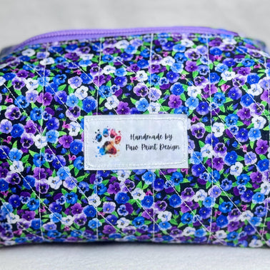 Quilted Purple Pansy Cosmetic Bag: Handmade Floral Makeup Travel Pouch