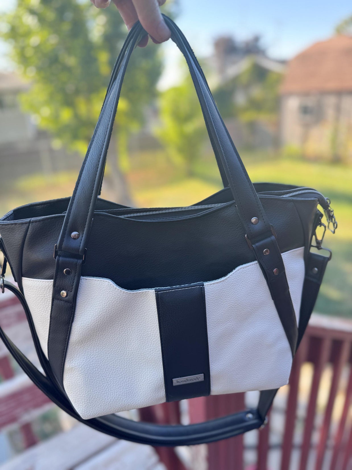 Hiraeth Handbag – Black & Cream Faux Leather Purse with Crossbody and Shoulder Strap