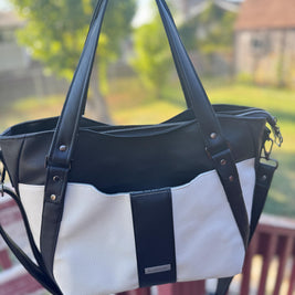 Hiraeth Handbag – Black & Cream Faux Leather Purse with Crossbody and Shoulder Strap