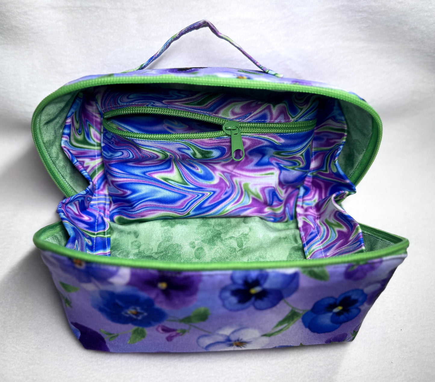 Pansy Print All-Access Bag: Spacious Handmade Zipper Pouch with Full Opening & Interior Pocket