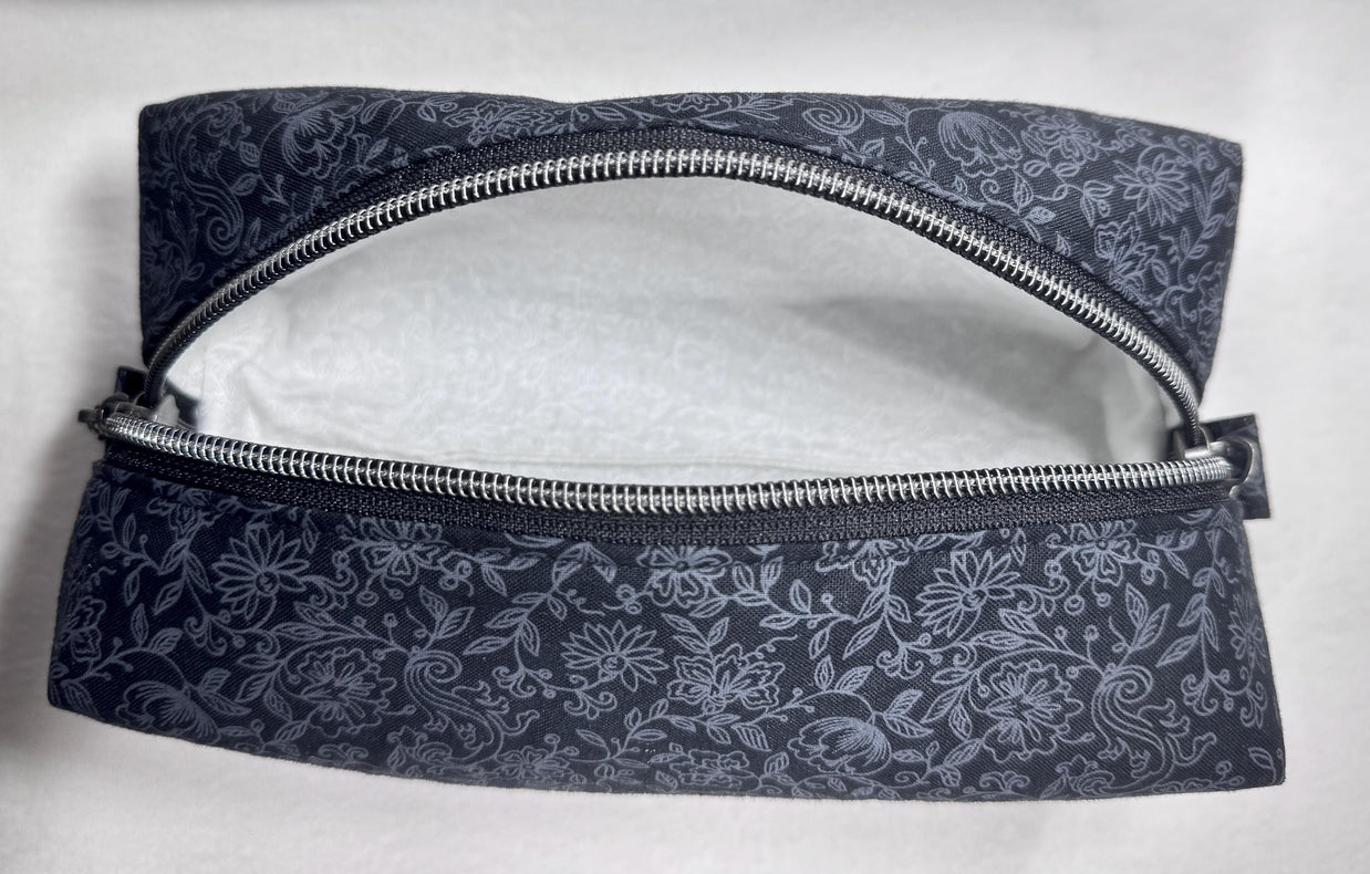 Black Floral Cosmetic Bag: Handmade Quilted Toiletry Organizer