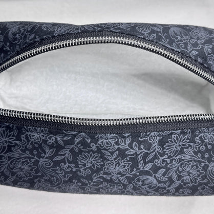 Black Floral Cosmetic Bag: Handmade Quilted Toiletry Organizer