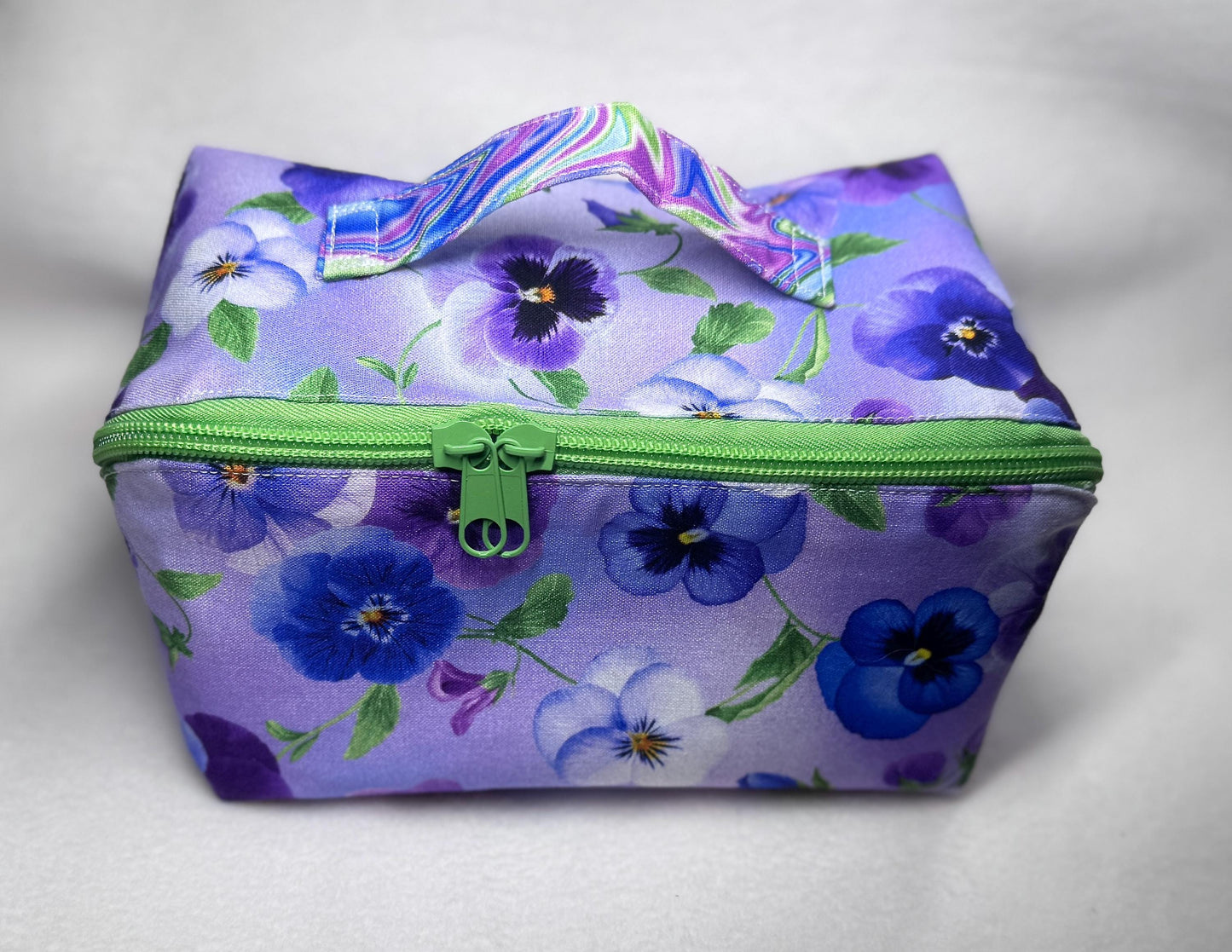 Pansy Print All-Access Bag: Spacious Handmade Zipper Pouch with Full Opening & Interior Pocket
