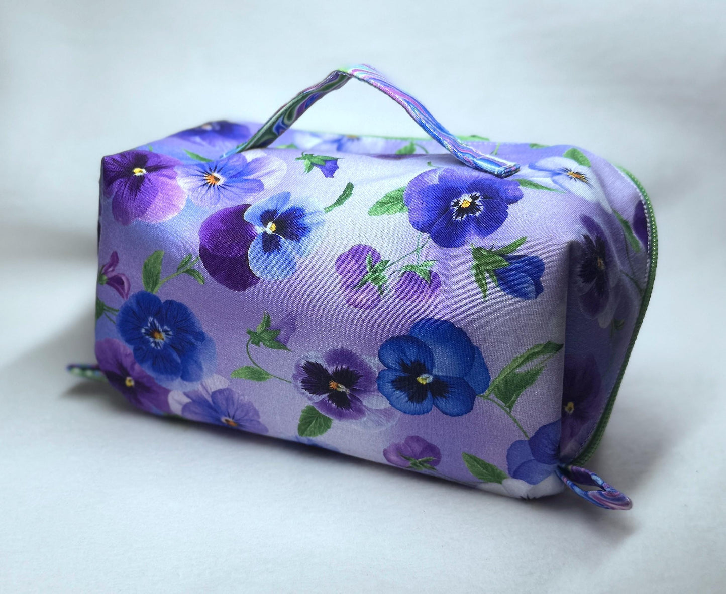Pansy Print All-Access Bag: Spacious Handmade Zipper Pouch with Full Opening & Interior Pocket