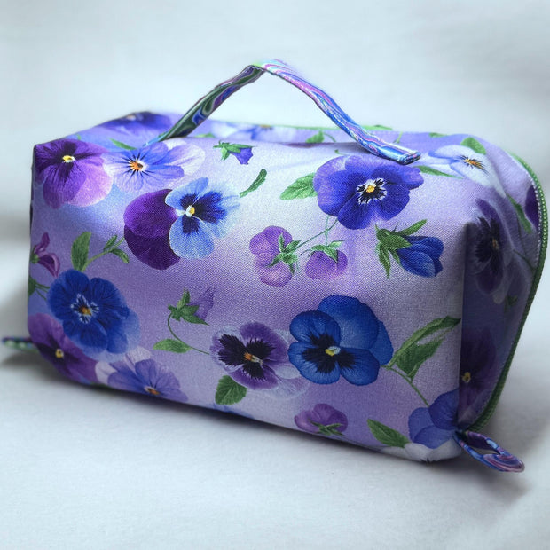 Pansy Print All-Access Bag: Spacious Handmade Zipper Pouch with Full Opening & Interior Pocket