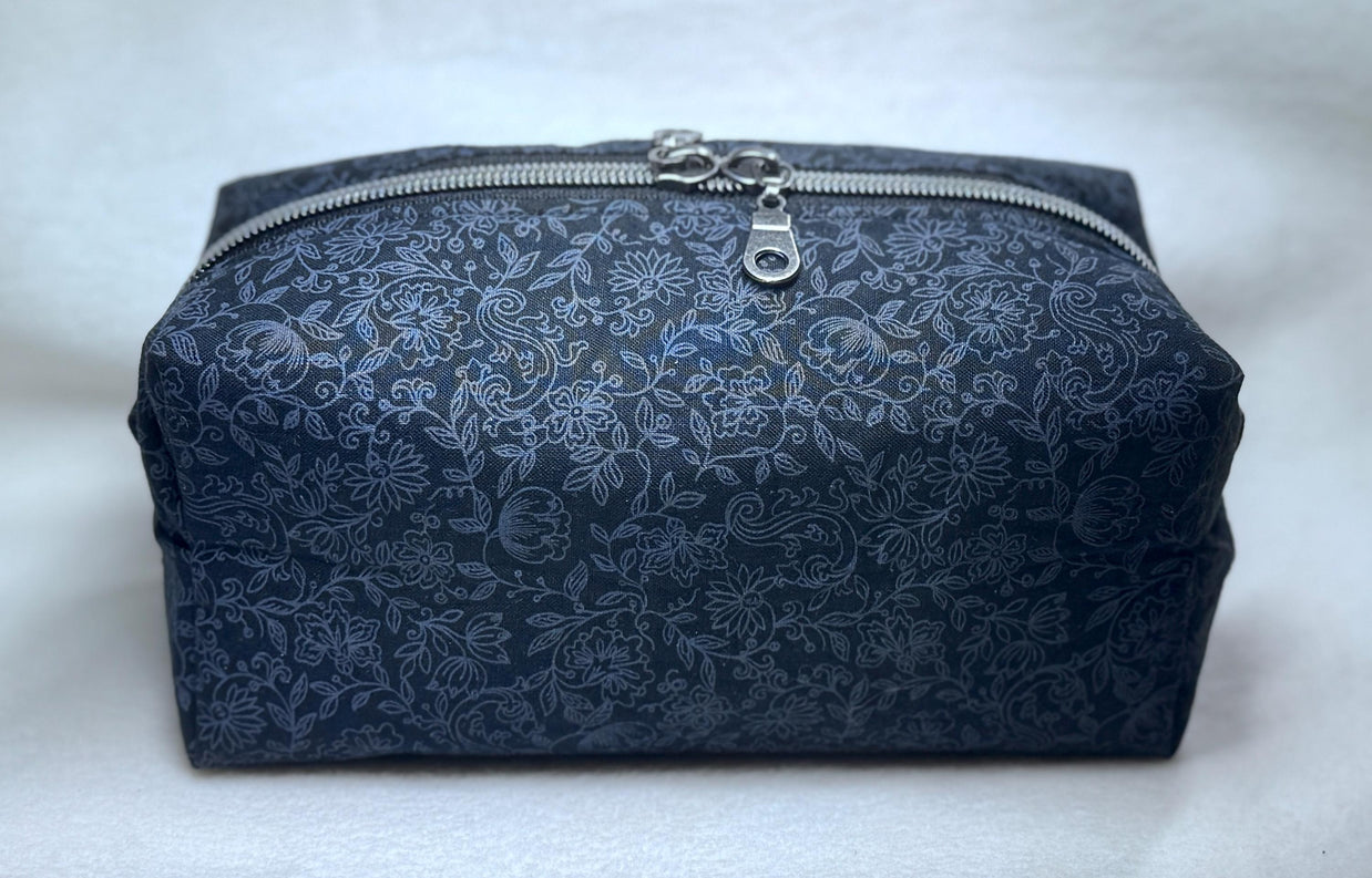 Black Floral Cosmetic Bag: Handmade Quilted Toiletry Organizer