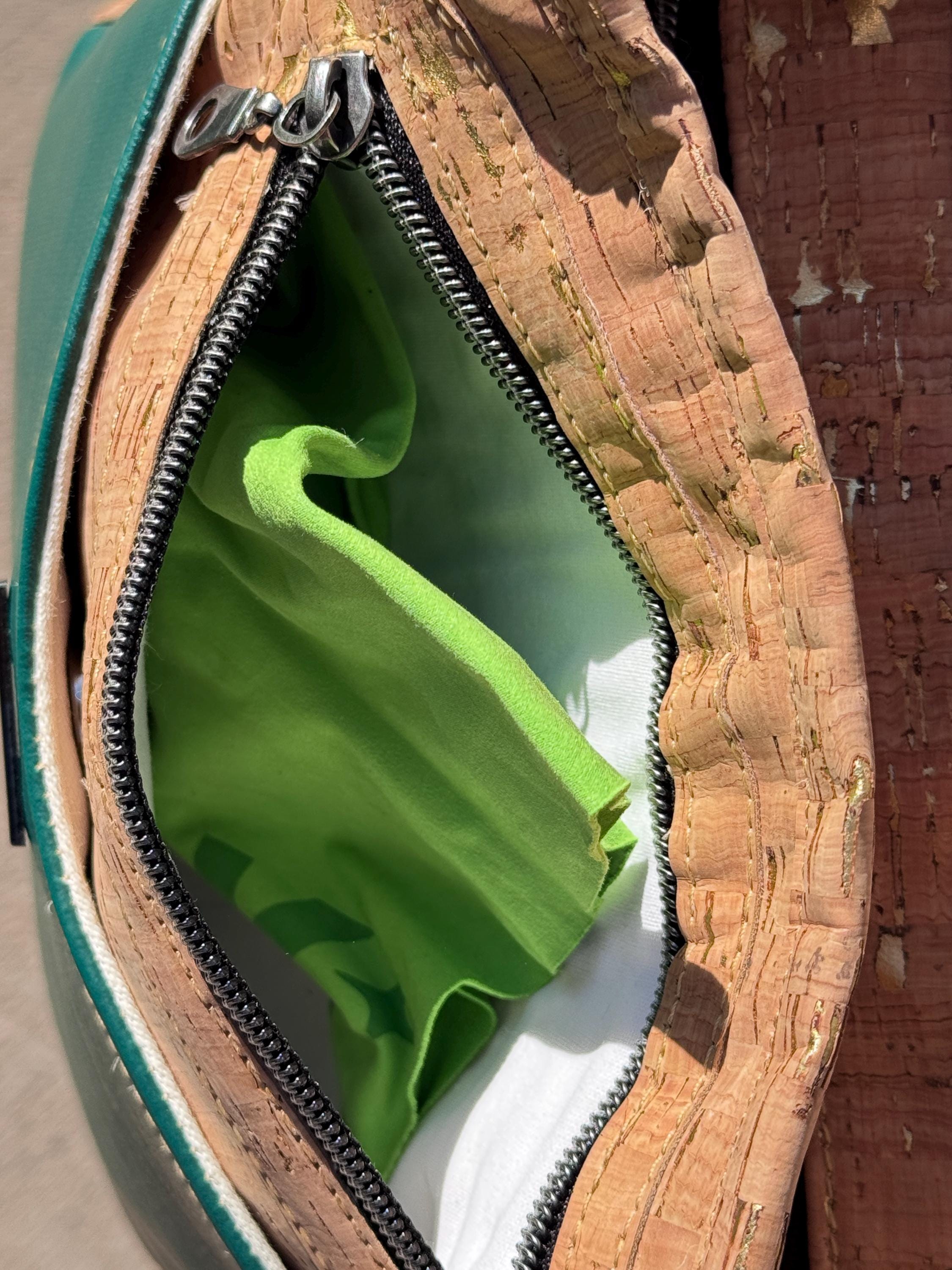 Gaia Crossbody Purse, in Cork Fabric with Green Faux Leather