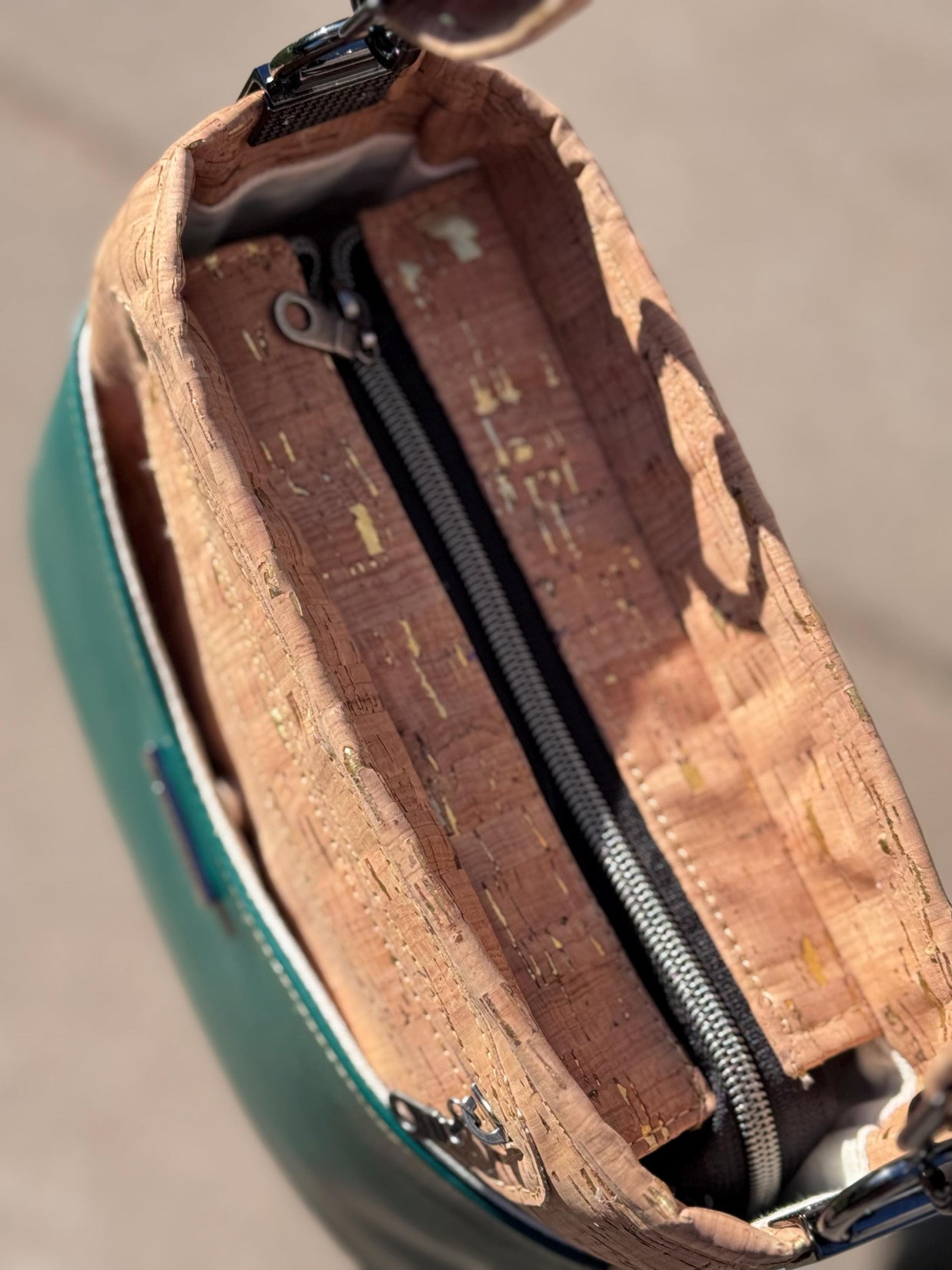 Gaia Crossbody Purse, in Cork Fabric with Green Faux Leather