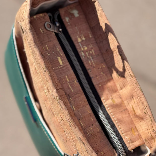 Gaia Crossbody Purse, in Cork Fabric with Green Faux Leather