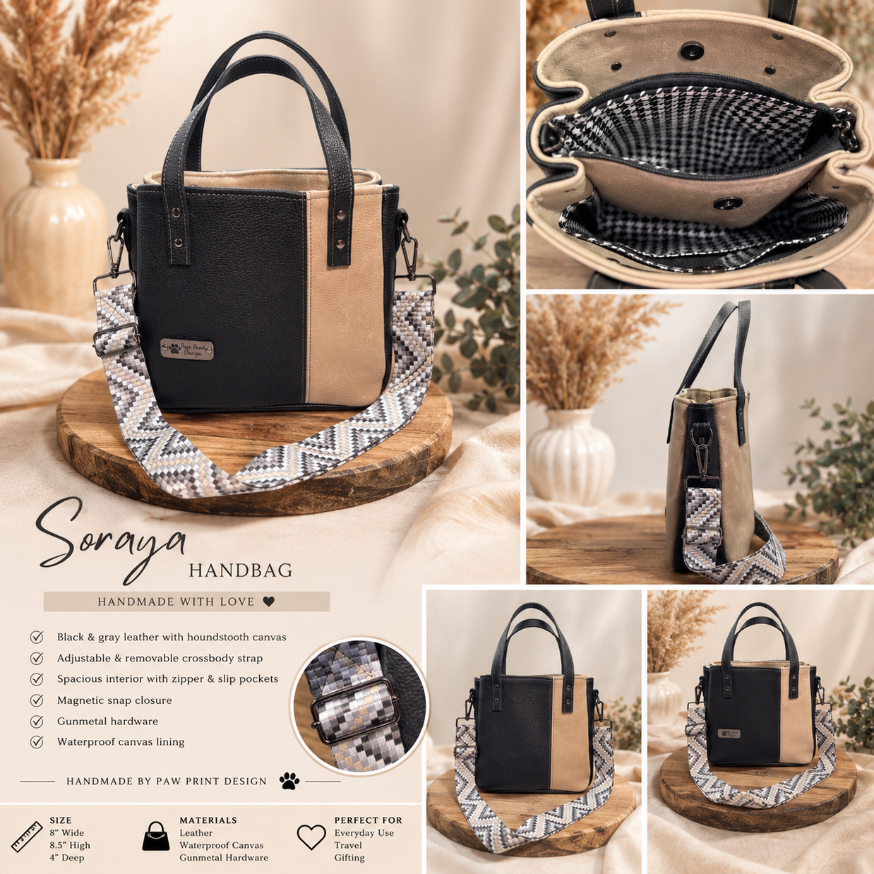 Black and Grey-green Leather Handbag with Crossbody Strap