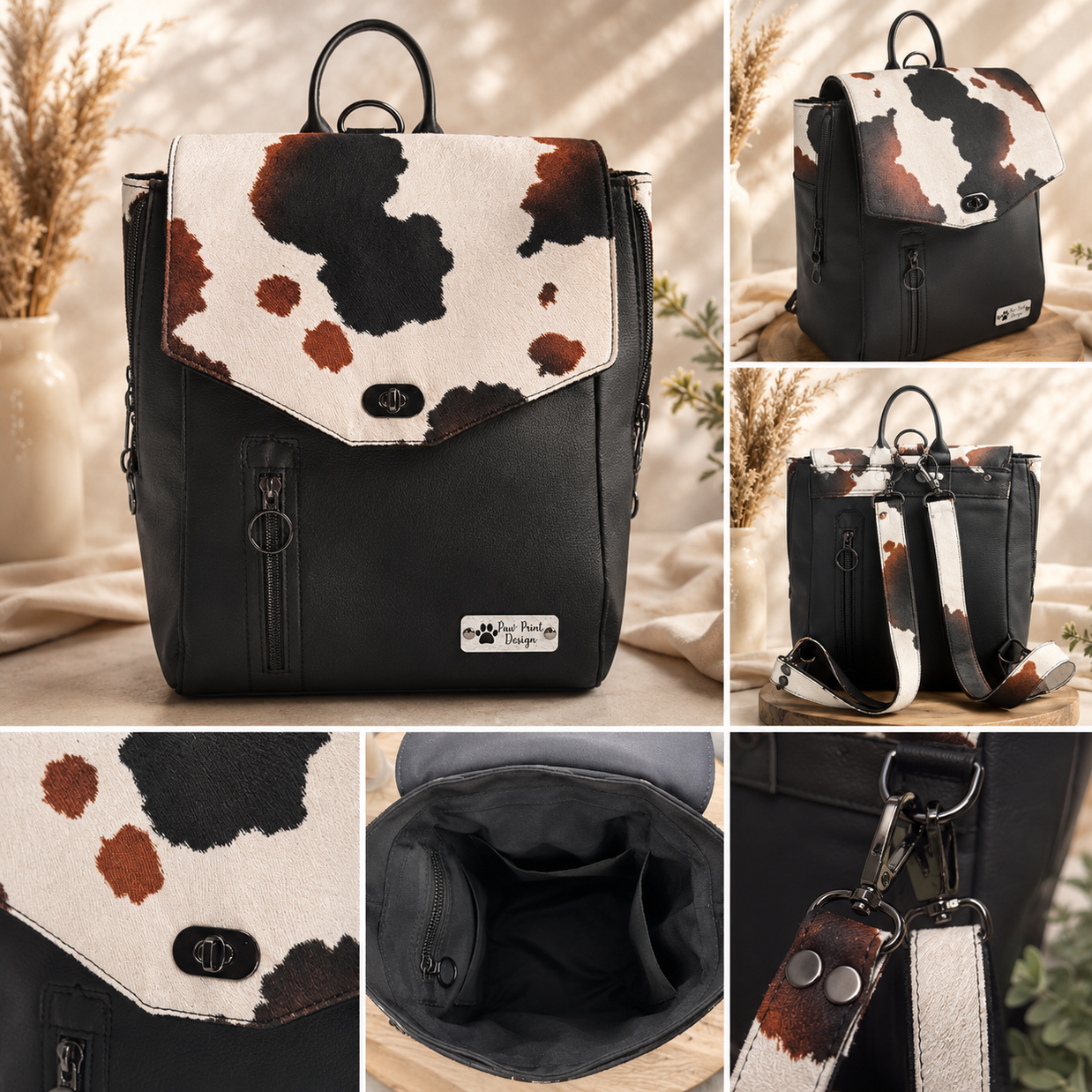 Siah Sidekick Backpack in Black Faux Leather and Faux Cow Print