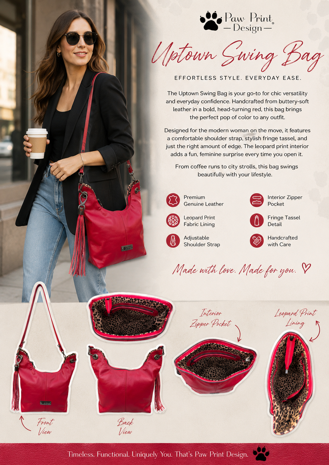 Uptown Swing - Red Leather Slouchy Shoulder Bag with Leopard Print Lining