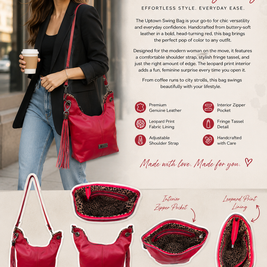 Uptown Swing - Red Leather Slouchy Shoulder Bag with Leopard Print Lining