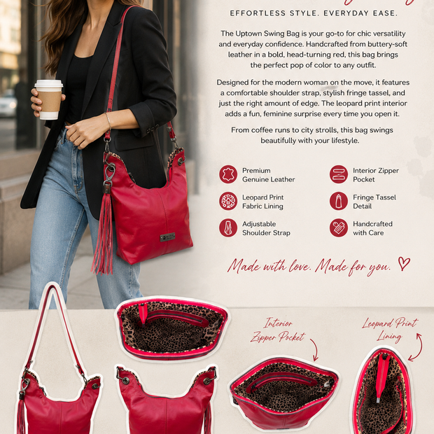 Uptown Swing - Red Leather Slouchy Shoulder Bag with Leopard Print Lining