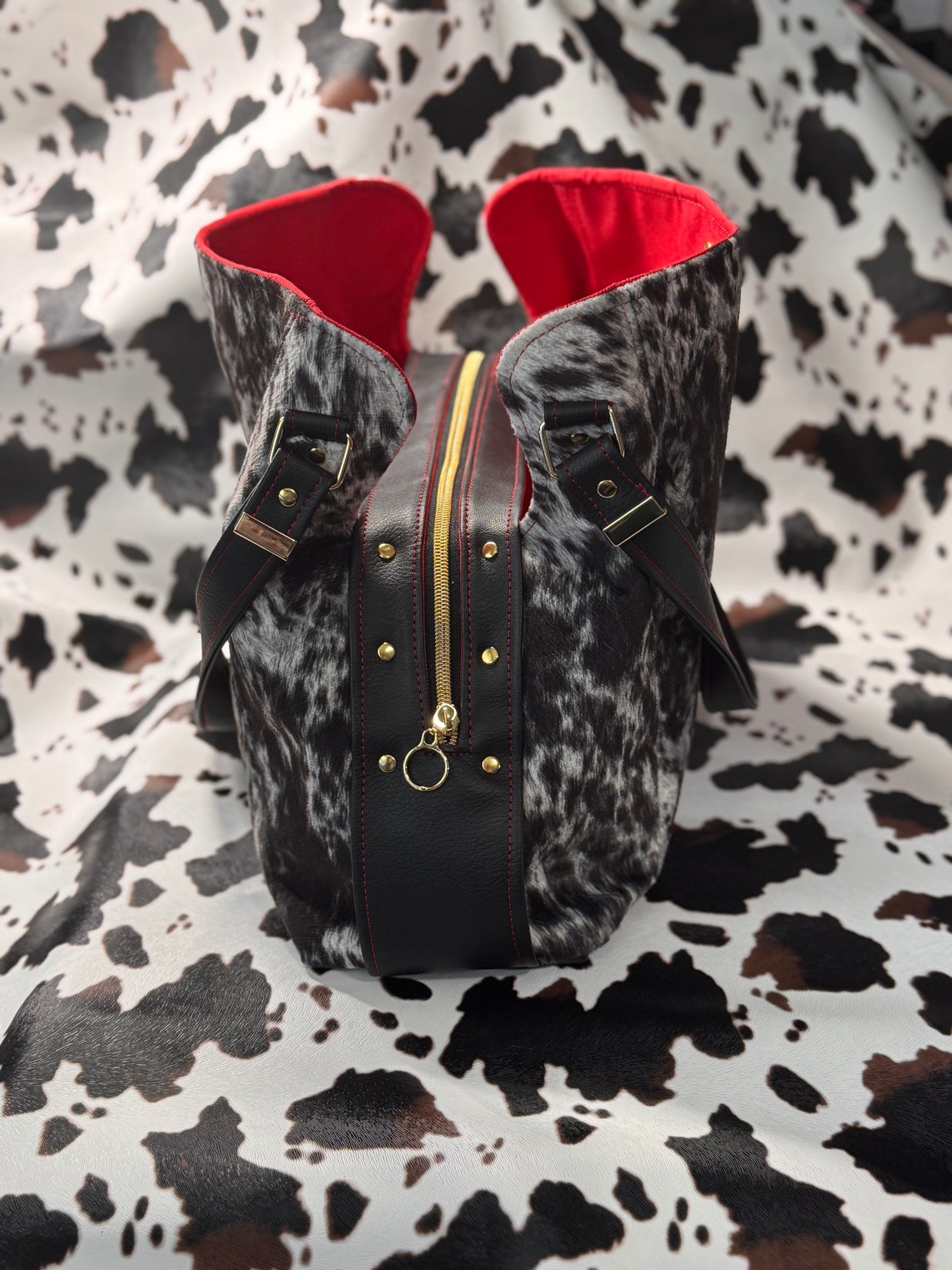Luz Marina Handbag in Cow Print and Black Faux Leather Accent