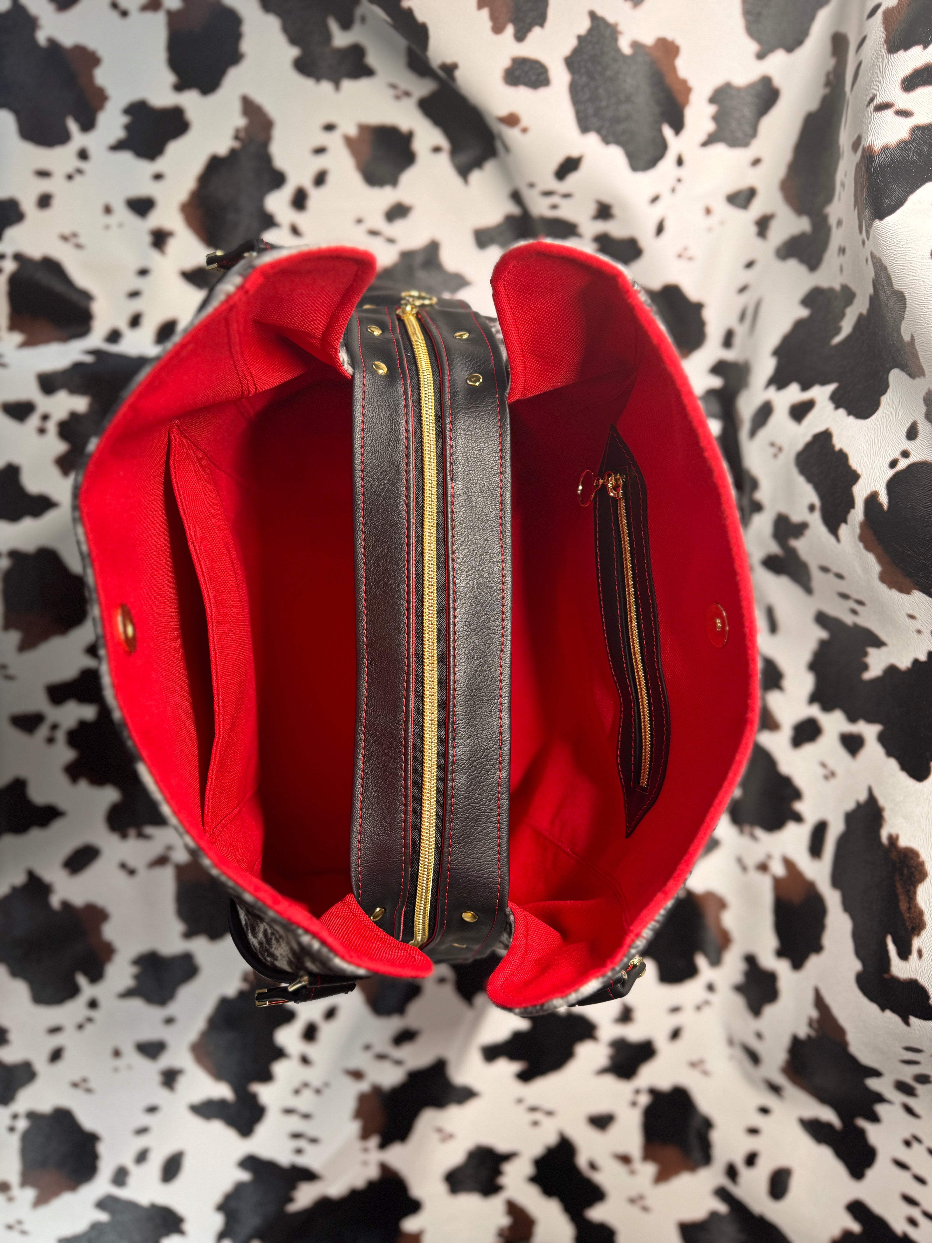 Luz Marina Handbag in Cow Print and Black Faux Leather Accent