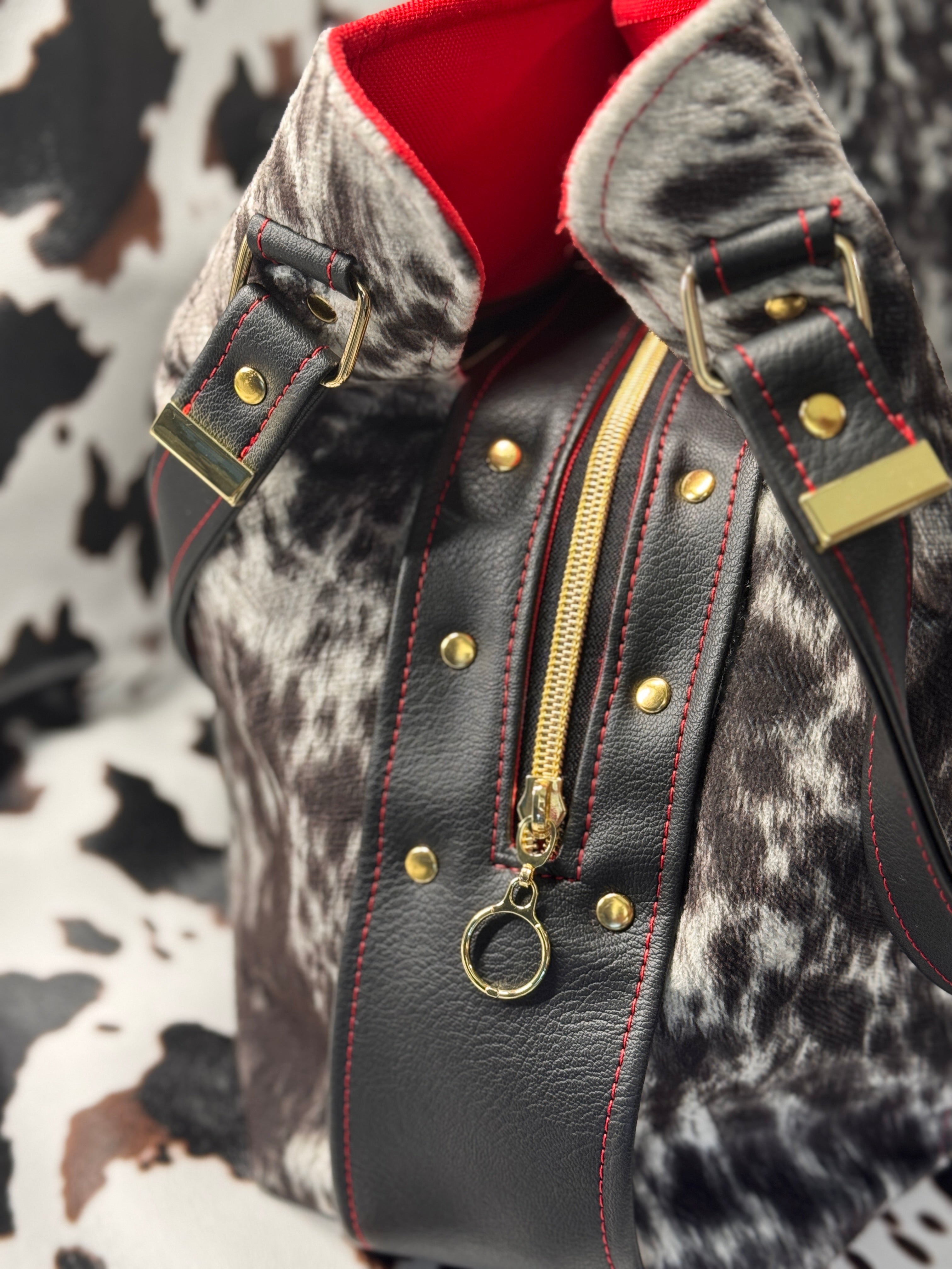 Luz Marina Handbag in Cow Print and Black Faux Leather Accent