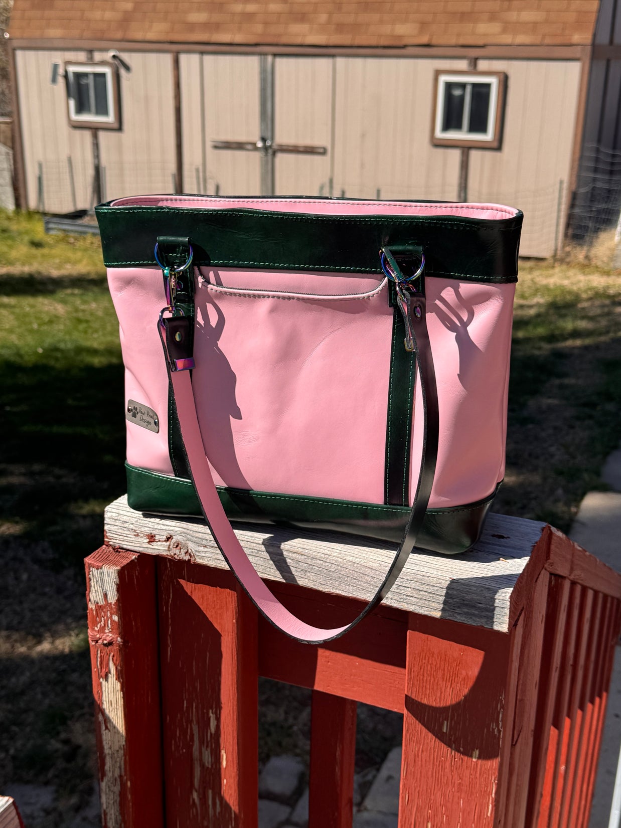 Blush Pink & Emerald Green Leather Tote | Rainbow Hardware Statement Bag
