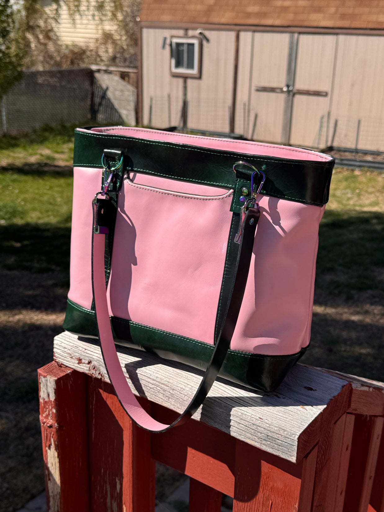 Blush Pink & Emerald Green Leather Tote | Rainbow Hardware Statement Bag