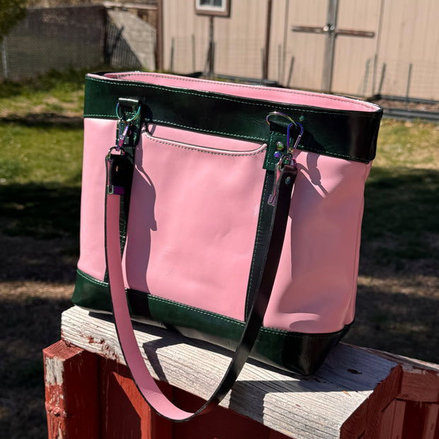 Blush Pink & Emerald Green Leather Tote | Rainbow Hardware Statement Bag