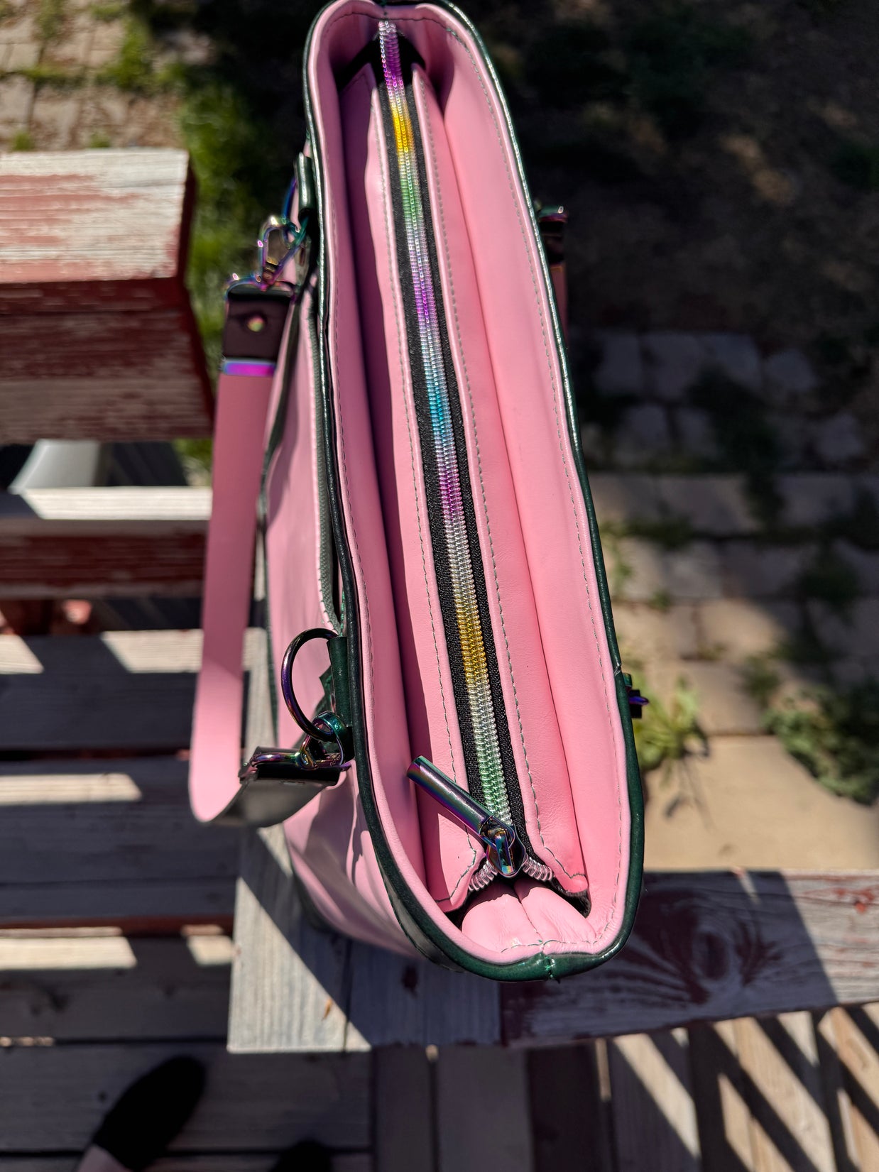 Blush Pink & Emerald Green Leather Tote | Rainbow Hardware Statement Bag