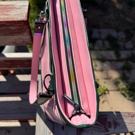 Blush Pink & Emerald Green Leather Tote | Rainbow Hardware Statement Bag