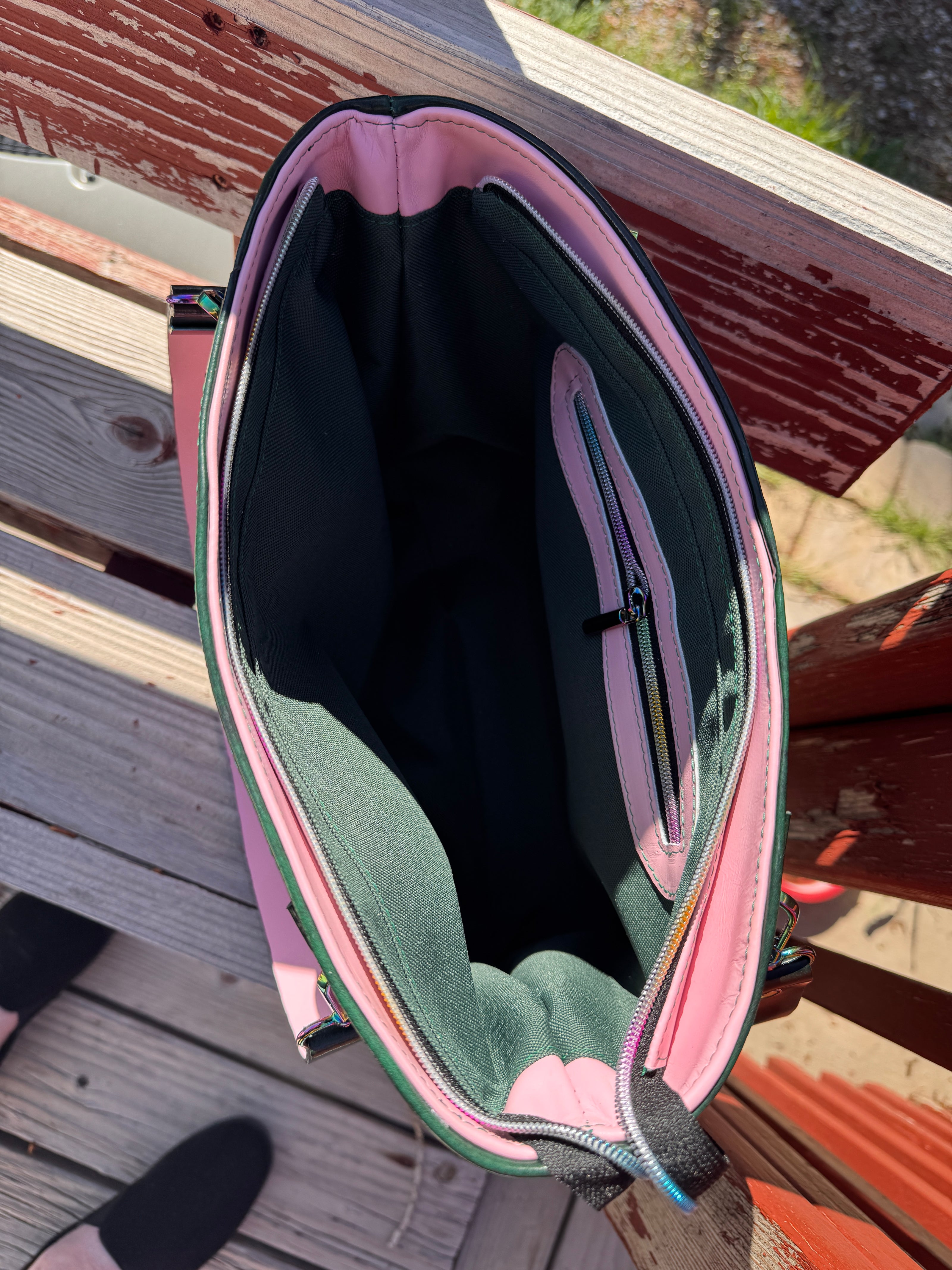 Blush Pink & Emerald Green Leather Tote | Rainbow Hardware Statement Bag