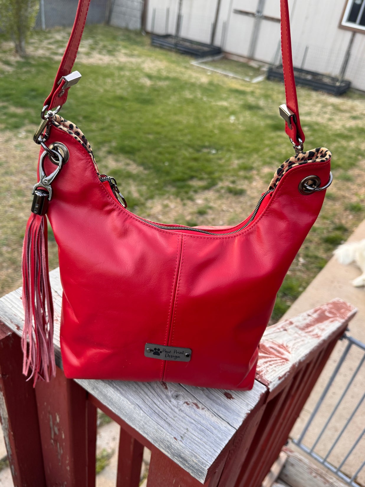 Uptown Swing - Red Leather Slouchy Shoulder Bag with Leopard Print Lining