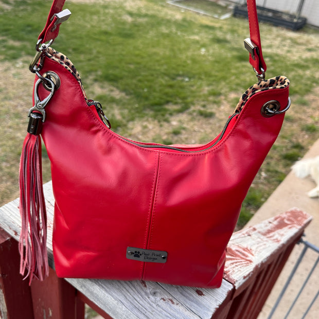 Uptown Swing - Red Leather Slouchy Shoulder Bag with Leopard Print Lining