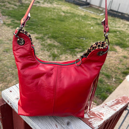 Uptown Swing - Red Leather Slouchy Shoulder Bag with Leopard Print Lining