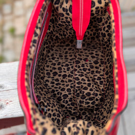 Uptown Swing - Red Leather Slouchy Shoulder Bag with Leopard Print Lining