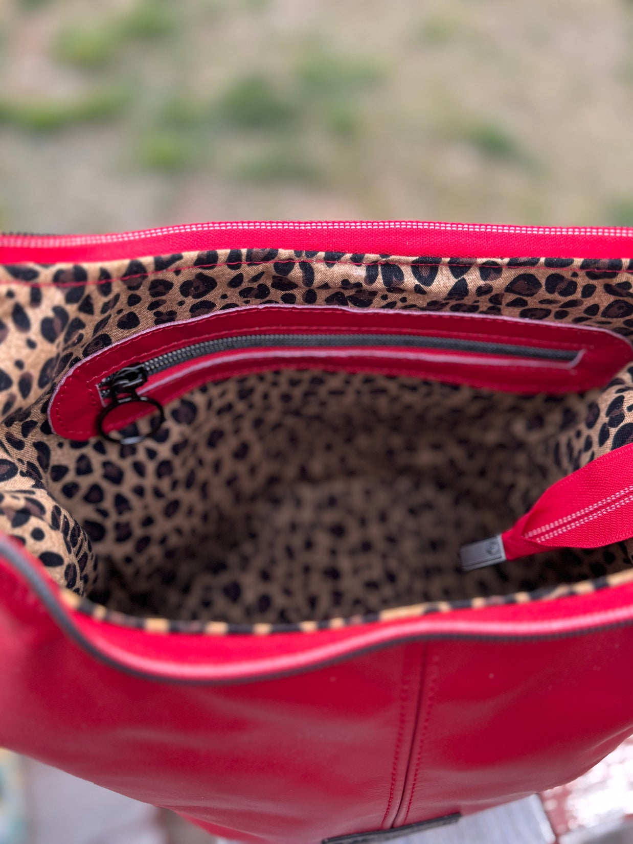 Uptown Swing - Red Leather Slouchy Shoulder Bag with Leopard Print Lining