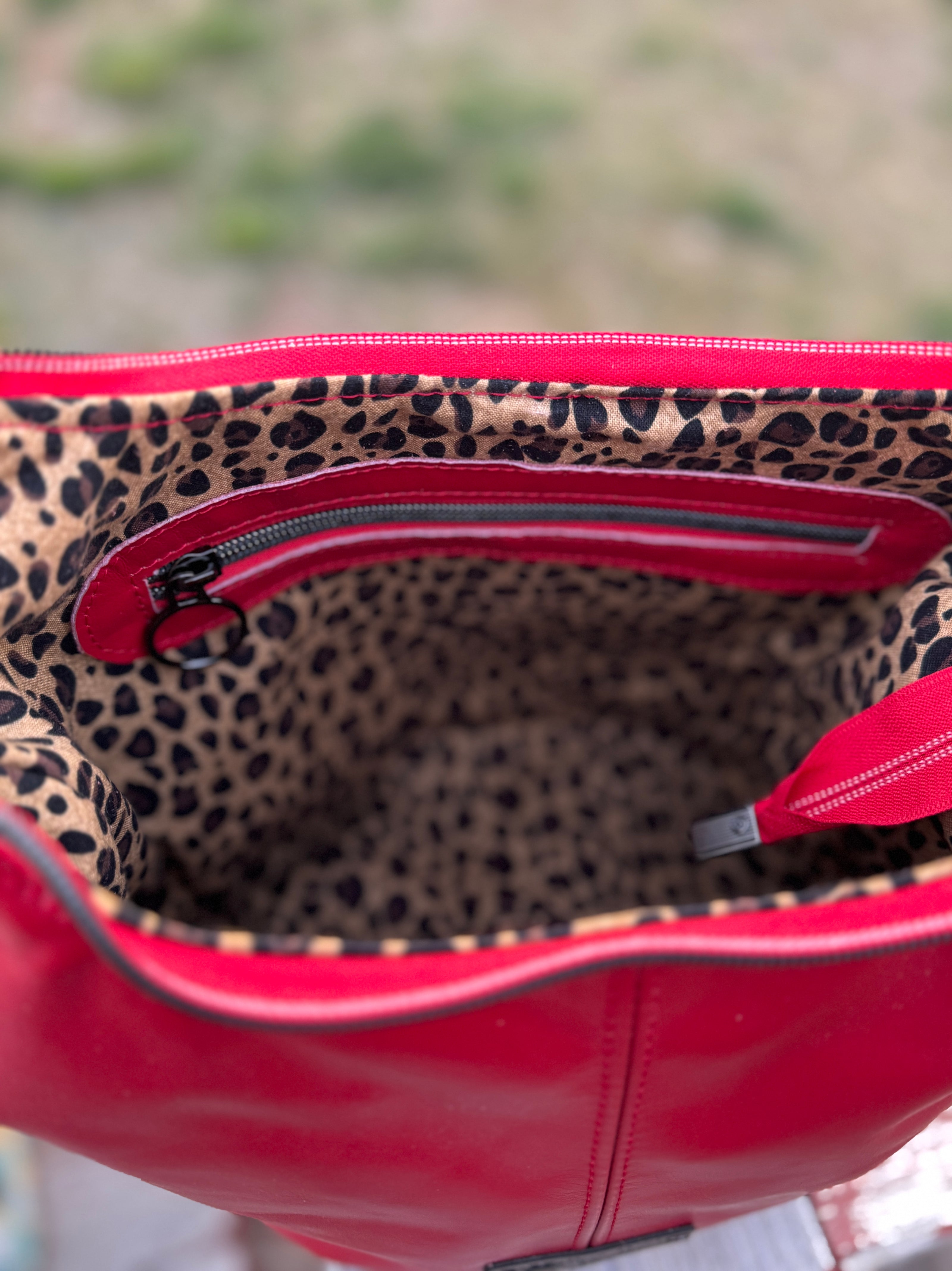 Uptown Swing - Red Leather Slouchy Shoulder Bag with Leopard Print Lining