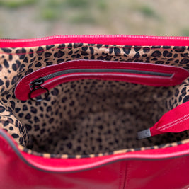 Uptown Swing - Red Leather Slouchy Shoulder Bag with Leopard Print Lining
