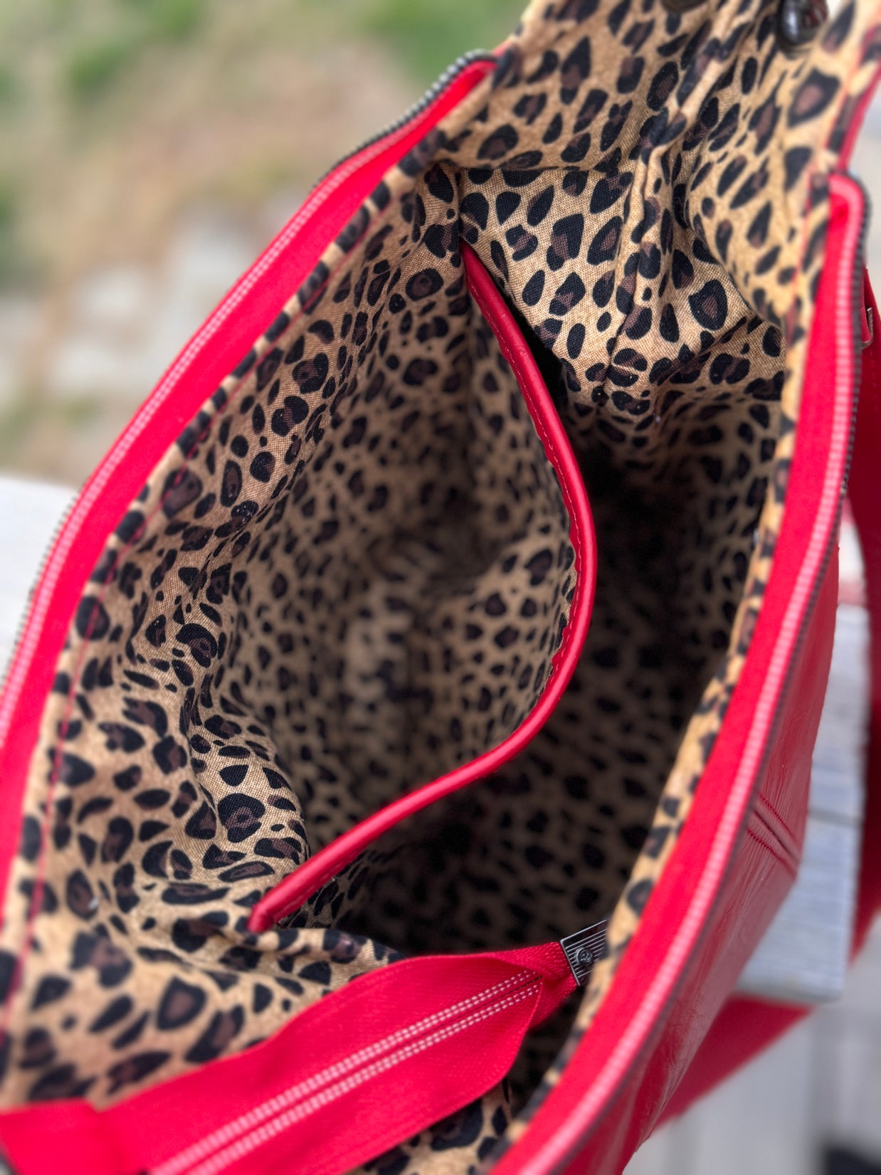 Uptown Swing - Red Leather Slouchy Shoulder Bag with Leopard Print Lining