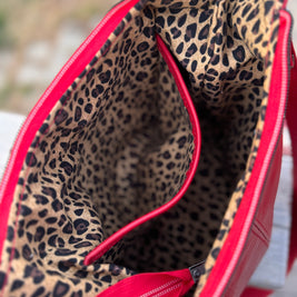 Uptown Swing - Red Leather Slouchy Shoulder Bag with Leopard Print Lining