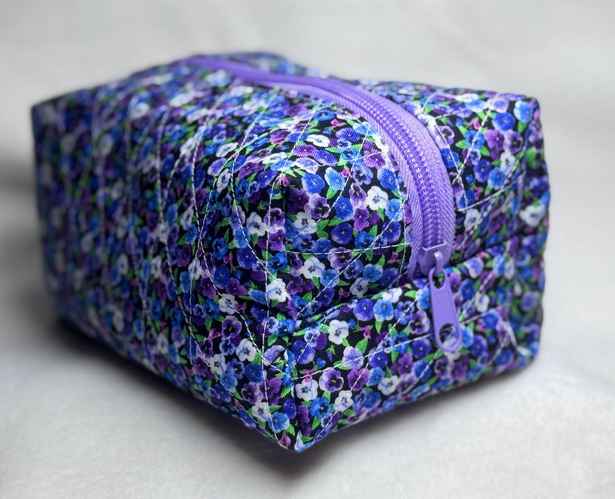 Quilted Purple Pansy Cosmetic Bag: Handmade Floral Makeup Travel Pouch
