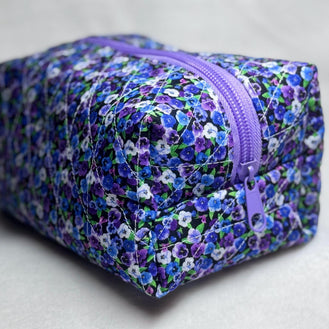 Quilted Purple Pansy Cosmetic Bag: Handmade Floral Makeup Travel Pouch