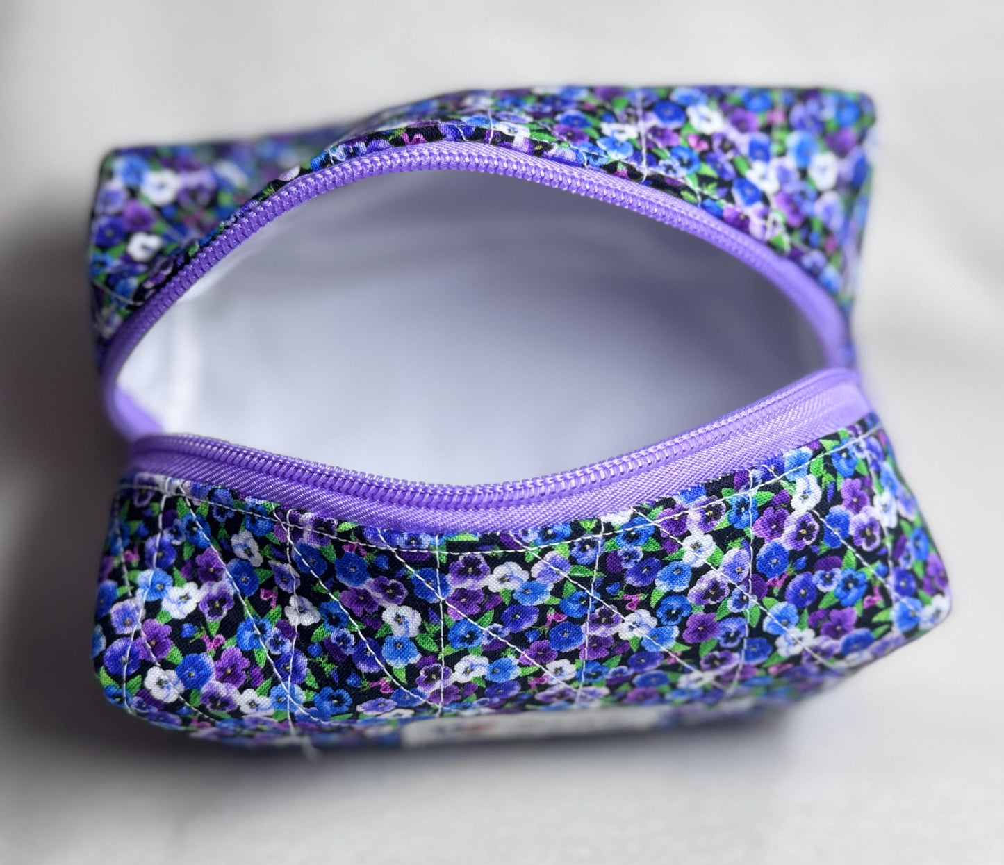 Quilted Purple Pansy Cosmetic Bag: Handmade Floral Makeup Travel Pouch
