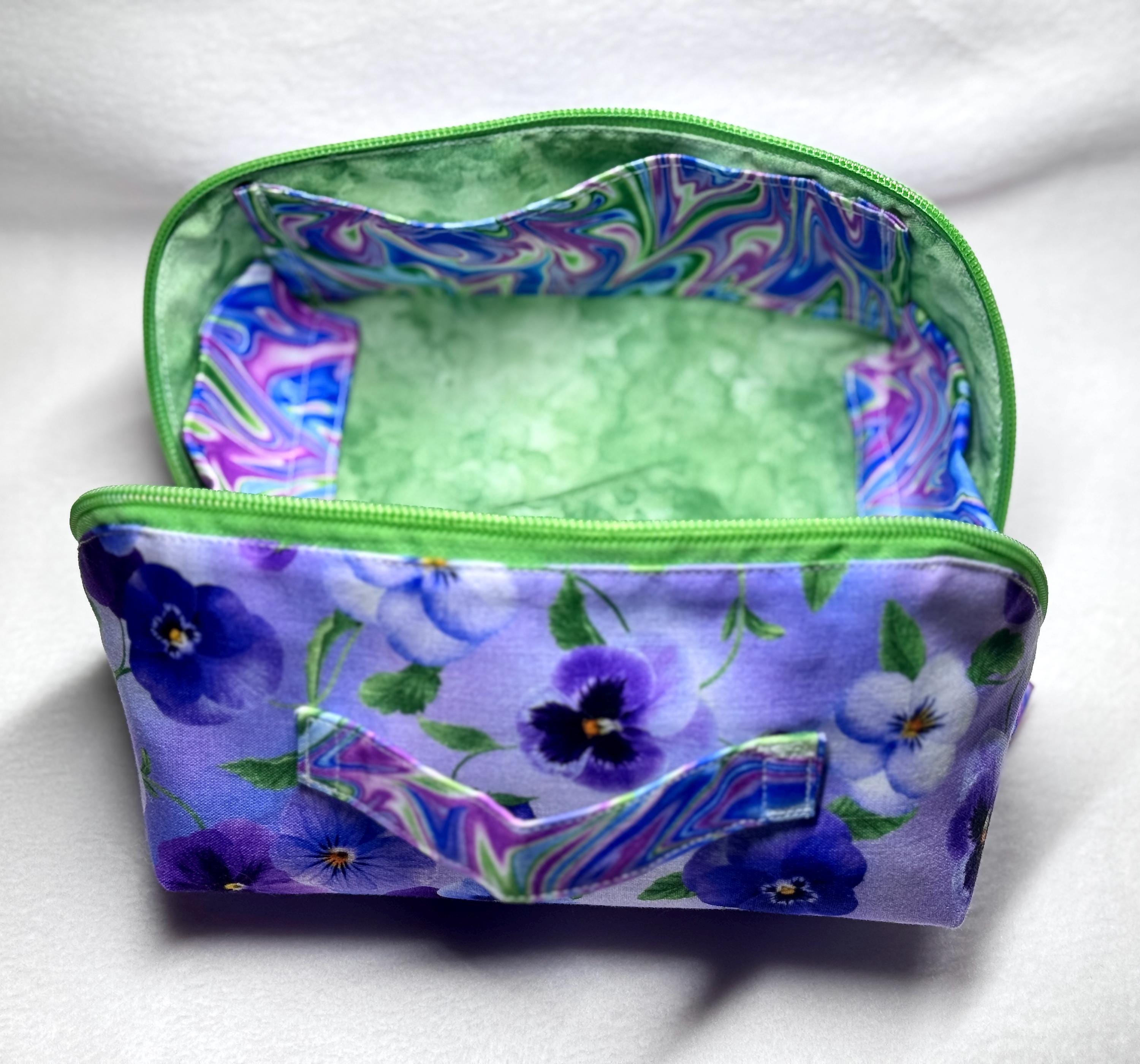 Pansy Print All-Access Bag: Spacious Handmade Zipper Pouch with Full Opening & Interior Pocket