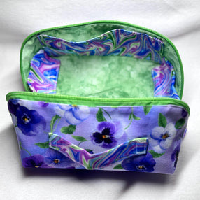 Pansy Print All-Access Bag: Spacious Handmade Zipper Pouch with Full Opening & Interior Pocket