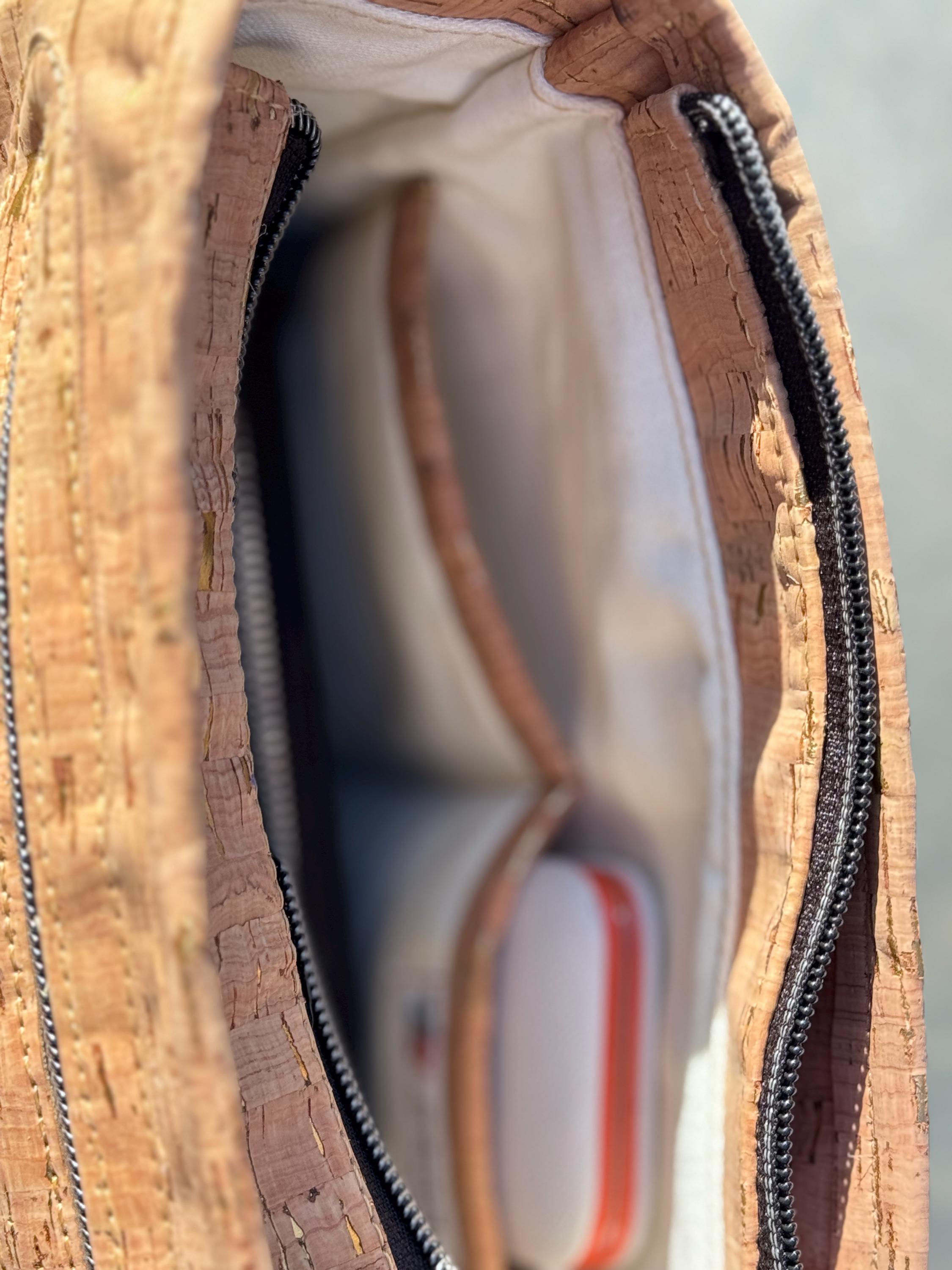 Gaia Crossbody Purse, in Cork Fabric with Green Faux Leather