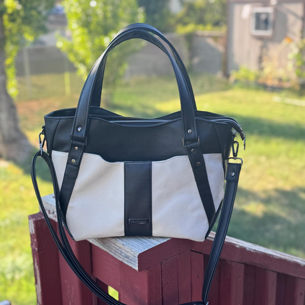 Hiraeth Handbag – Black & Cream Faux Leather Purse with Crossbody and Shoulder Strap