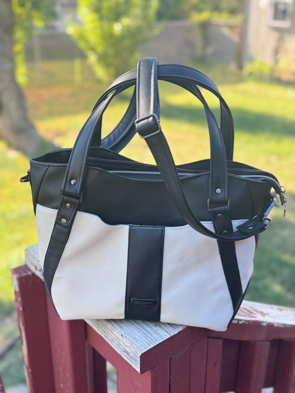 Hiraeth Handbag – Black & Cream Faux Leather Purse with Crossbody and Shoulder Strap