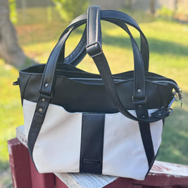 Hiraeth Handbag – Black & Cream Faux Leather Purse with Crossbody and Shoulder Strap