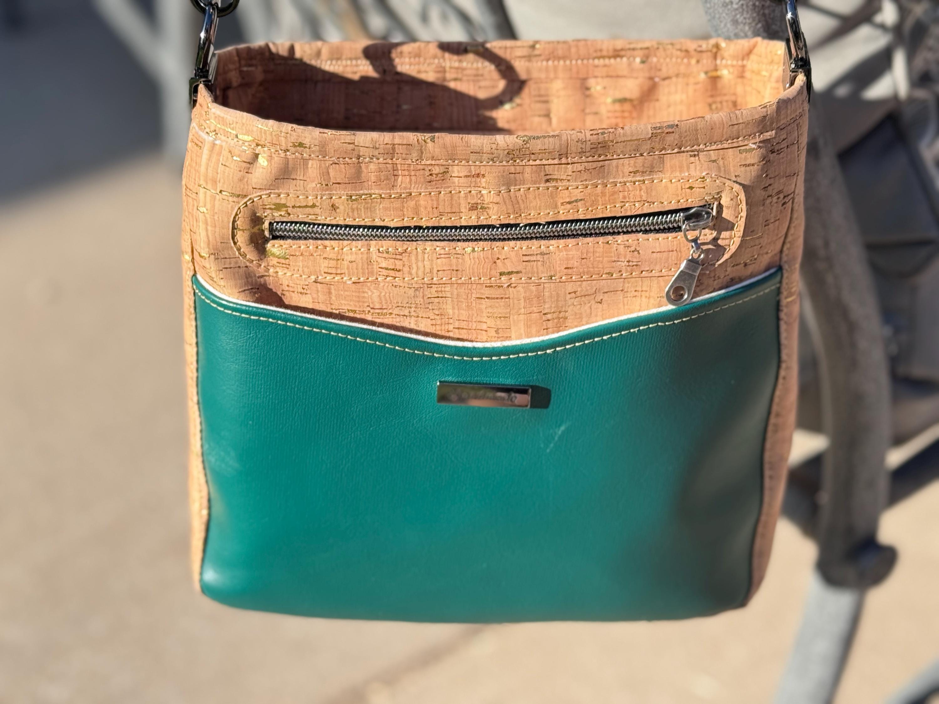 Gaia Crossbody Purse, in Cork Fabric with Green Faux Leather