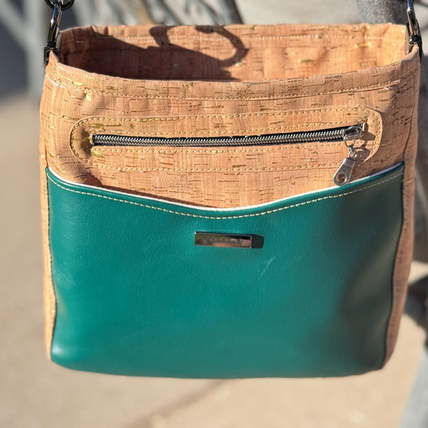 Gaia Crossbody Purse, in Cork Fabric with Green Faux Leather